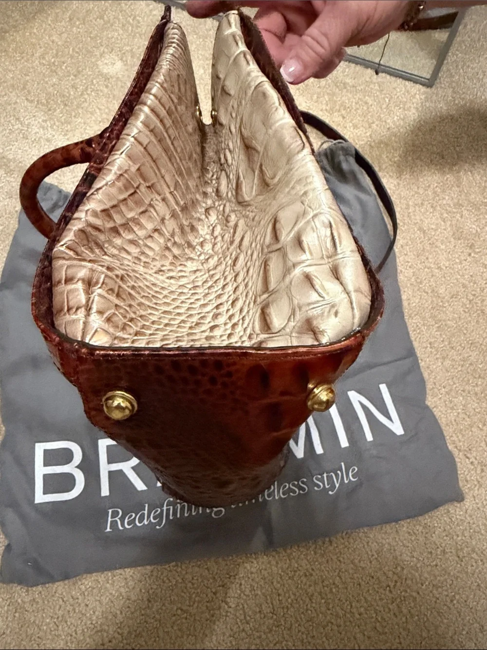Brahmin Two-Tone Croc-Embossed Satchel in Chestnut Brown and Cream